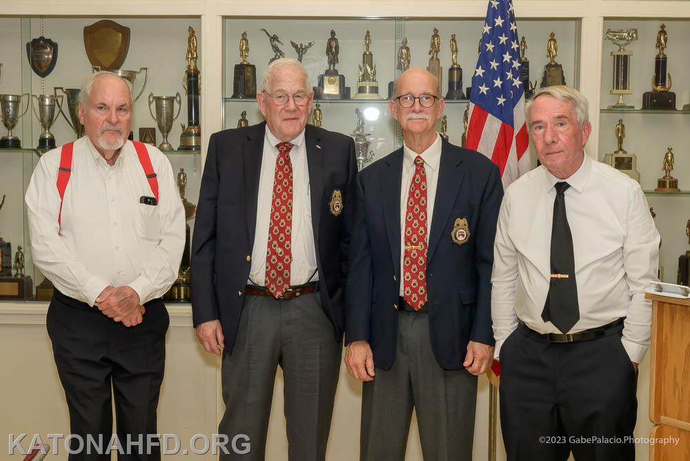 Four veteran top responders--from left, Ex-Captain Harry Rosenblum, Ex Chief Hank Bergson,  Jeff Kellogg, and Ex-Captain Bob Hickey. Photo by Gabe Palacio.