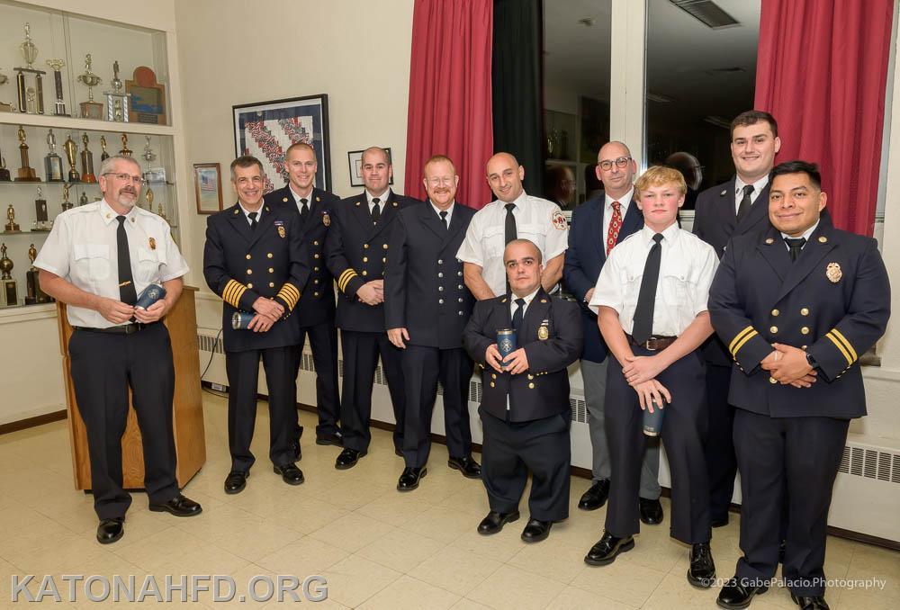 Top responders for the year. From left, Captain Scott Whalen, Ex-Chief Dean Pappas, Chief Matt Whalen, First Assistant Chief John Whalen, Firefighter Kristofer DeLaney, Firefighter Mike Roper, Captain Jeff Waful, Ex-Chief Bennett Schuberg, Fireighter James McHugh, Jr., Lieutenant Ryan Hayes, and Second Assistant Chief John Cohen. Photo by Gabe Palacio.