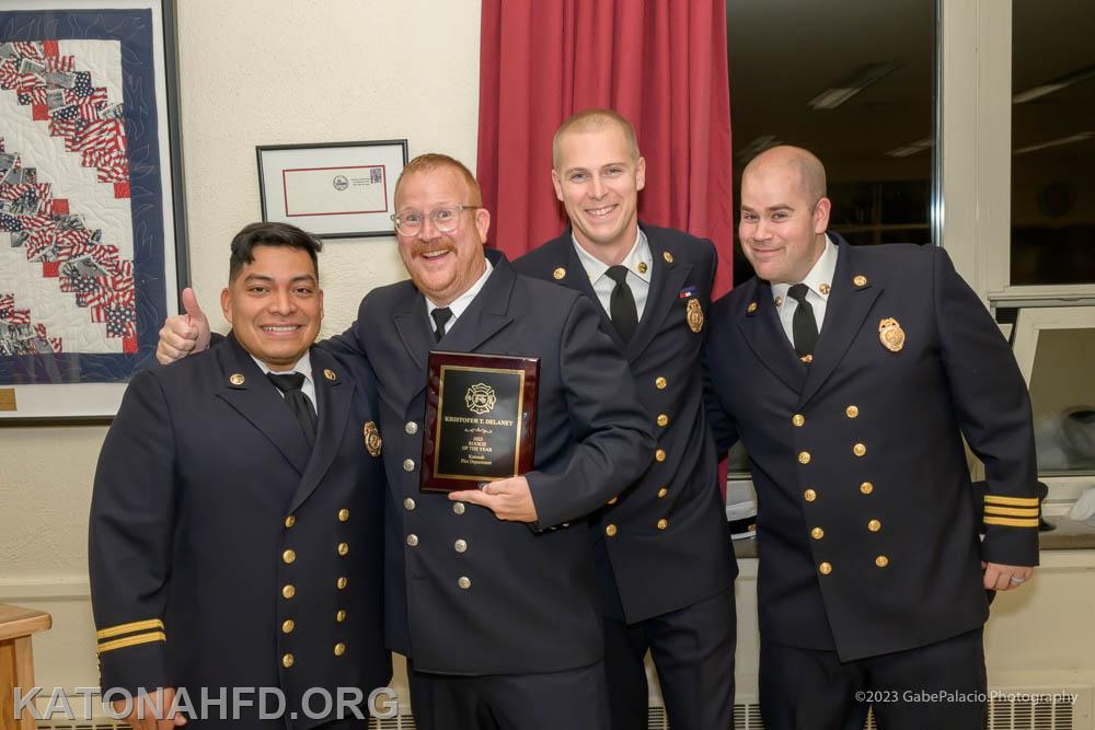 Second Assistant Chief John Cohen, 2023 Rookie of the Year Award recipient Kristofer DeLaney, Chief Matt Whalen, First Assistant Chief John Whalen. Photo by Gabe Palacio.