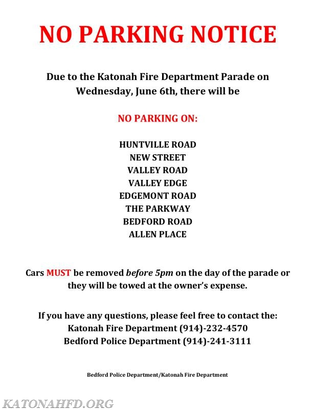 No Parking Notice Katonah Fire Department